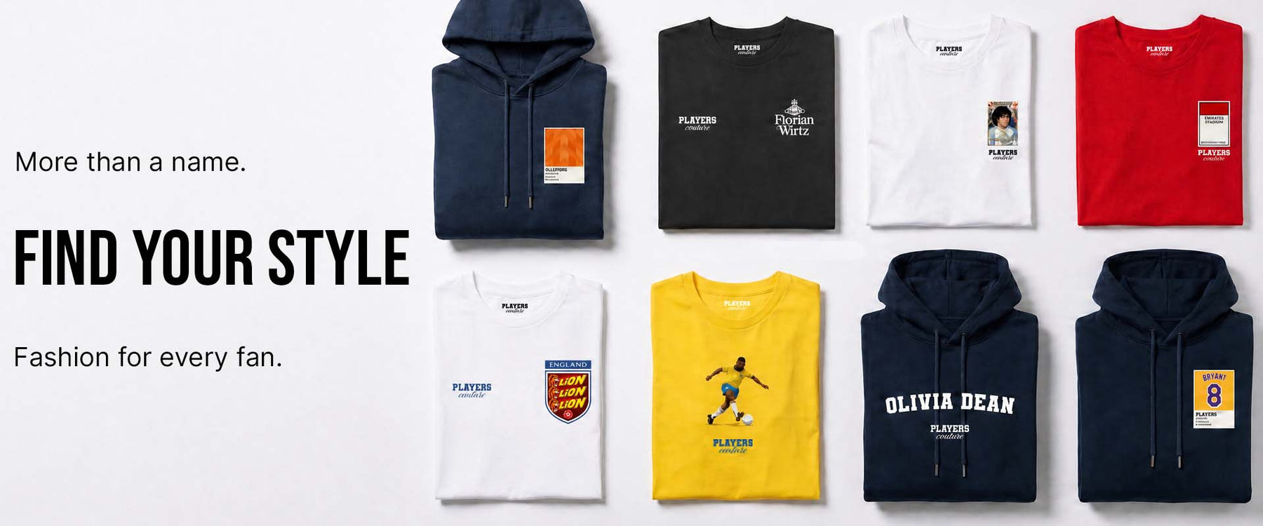 Collection of hoodies and t-shirts with various designs on a white background