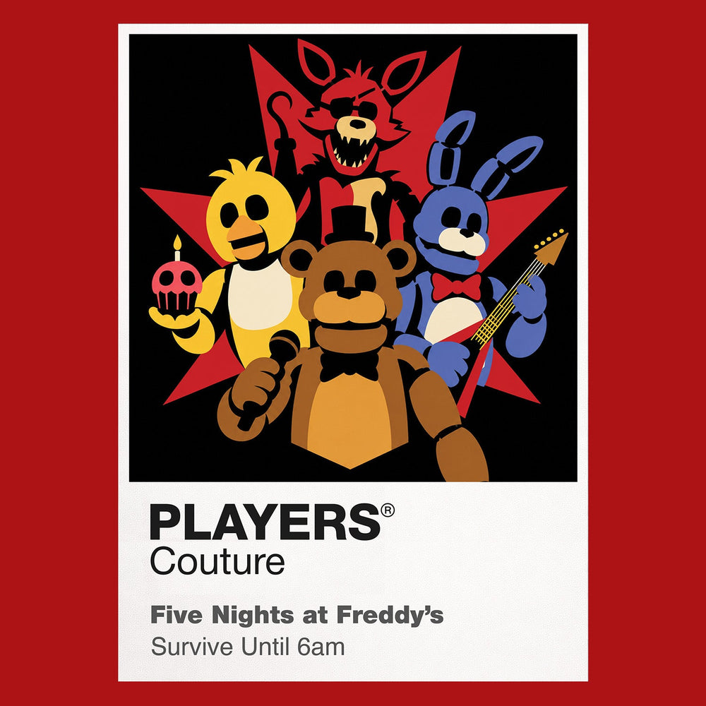Five Nights at Freddy's Freddy Fazbear and the animatronic band beneath the fading neon of the abandoned pizzeria Icon Frame artwork in red