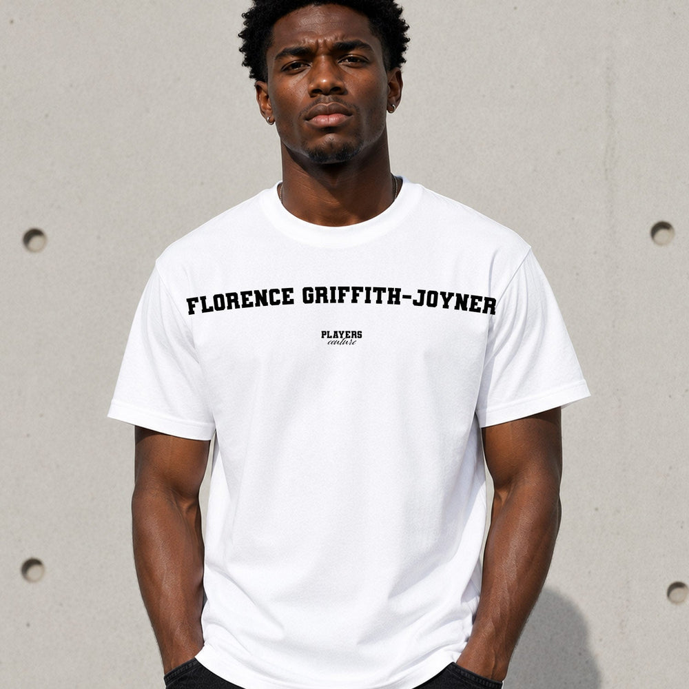 Florence Griffith Joyner white men's T-shirt lifestyle photograph 5