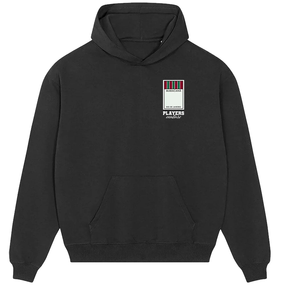 Fluminense Monopoly Card hoodie – close-up of white Fluminense Monopoly Card lettering and Players Couture logo on the chest