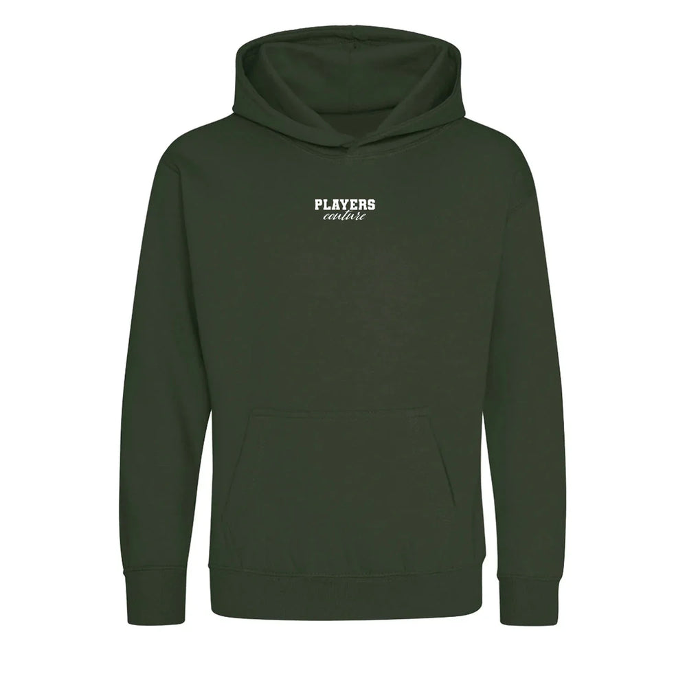 Essentials Collection hoodie – forest kids' hoodie with white Essentials Collection letters and Players Couture logo on the