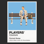 Forrest Gump Forrest on the bus-stop bench with his suitcase, running shoes and a feather crossing the sky Icon Frame artwork in black