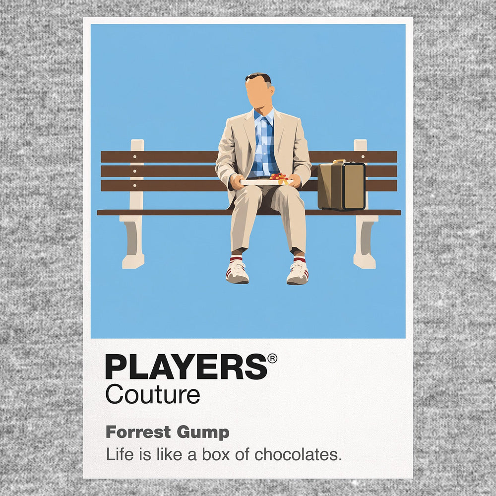 Forrest Gump Forrest on the bus-stop bench with his suitcase, running shoes and a feather crossing the sky Icon Frame artwork in grey