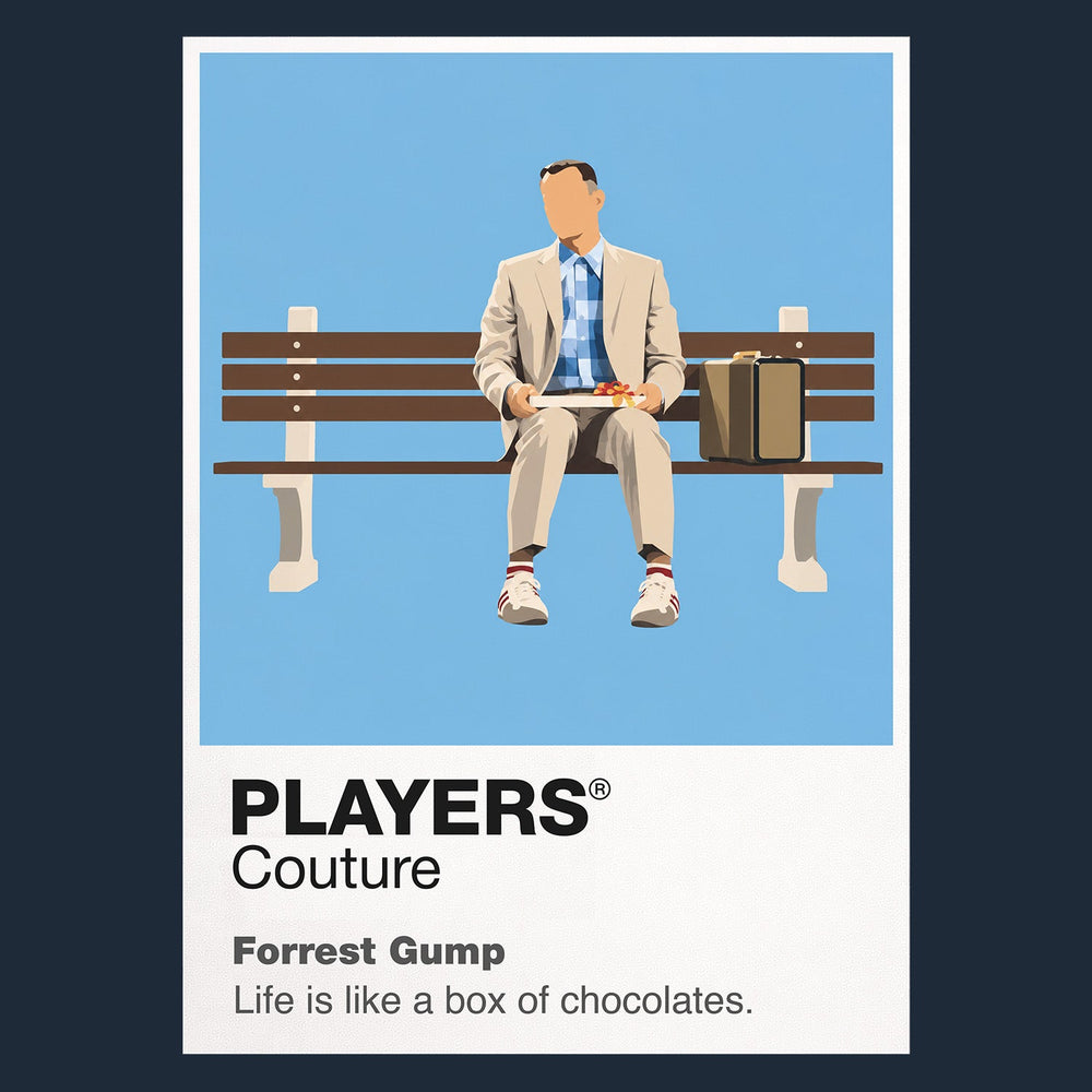 Forrest Gump Forrest on the bus-stop bench with his suitcase, running shoes and a feather crossing the sky Icon Frame artwork in navy