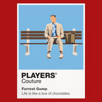 Forrest Gump Forrest on the bus-stop bench with his suitcase, running shoes and a feather crossing the sky Icon Frame artwork in red