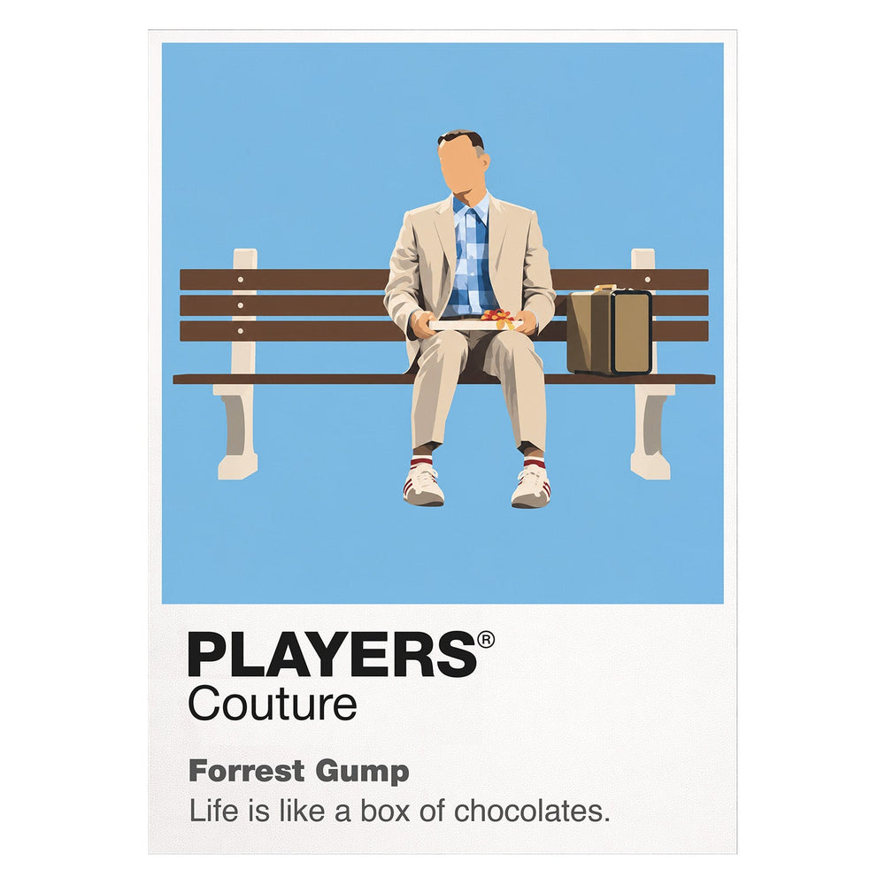 Forrest Gump Forrest on the bus-stop bench with his suitcase, running shoes and a feather crossing the sky Icon Frame artwork on white