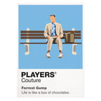 Forrest Gump Forrest on the bus-stop bench with his suitcase, running shoes and a feather crossing the sky Icon Frame artwork on white