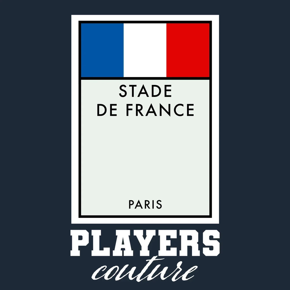 France Monopoly Card t-shirt – navy men's t-shirt with white France Monopoly Card letters and Players Couture logo on the