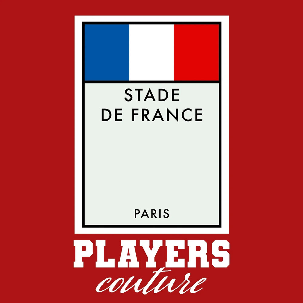 France Monopoly Card t-shirt – red men's t-shirt with white France Monopoly Card letters and Players Couture logo on the