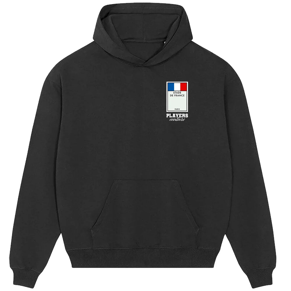 France Monopoly Card hoodie – close-up of white France Monopoly Card lettering and Players Couture logo on the chest