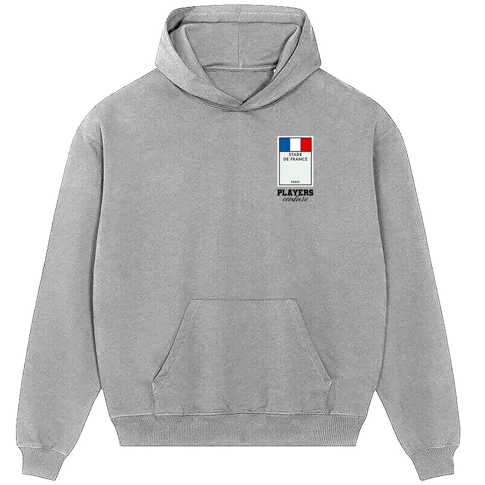 France Monopoly Card hoodie – close-up of white France Monopoly Card lettering and Players Couture logo on the chest