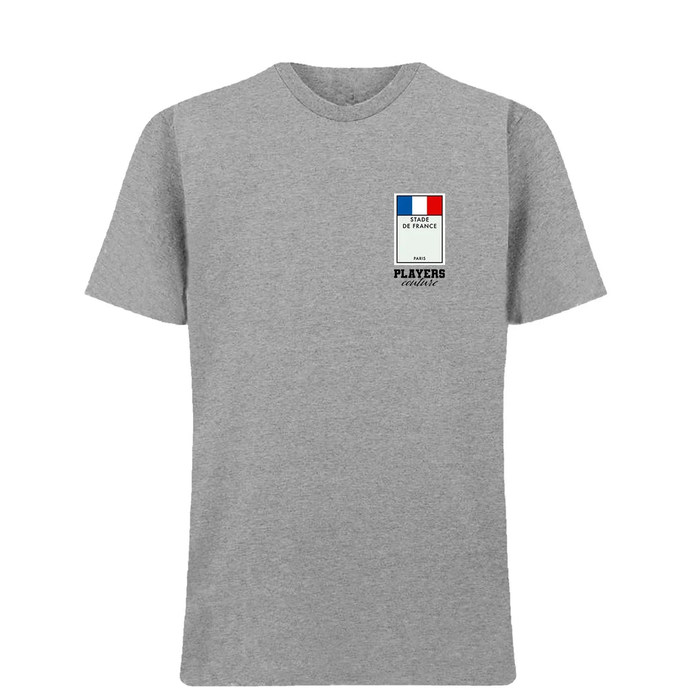 France Monopoly Card t-shirt – close-up of white France Monopoly Card lettering and Players Couture logo on the chest