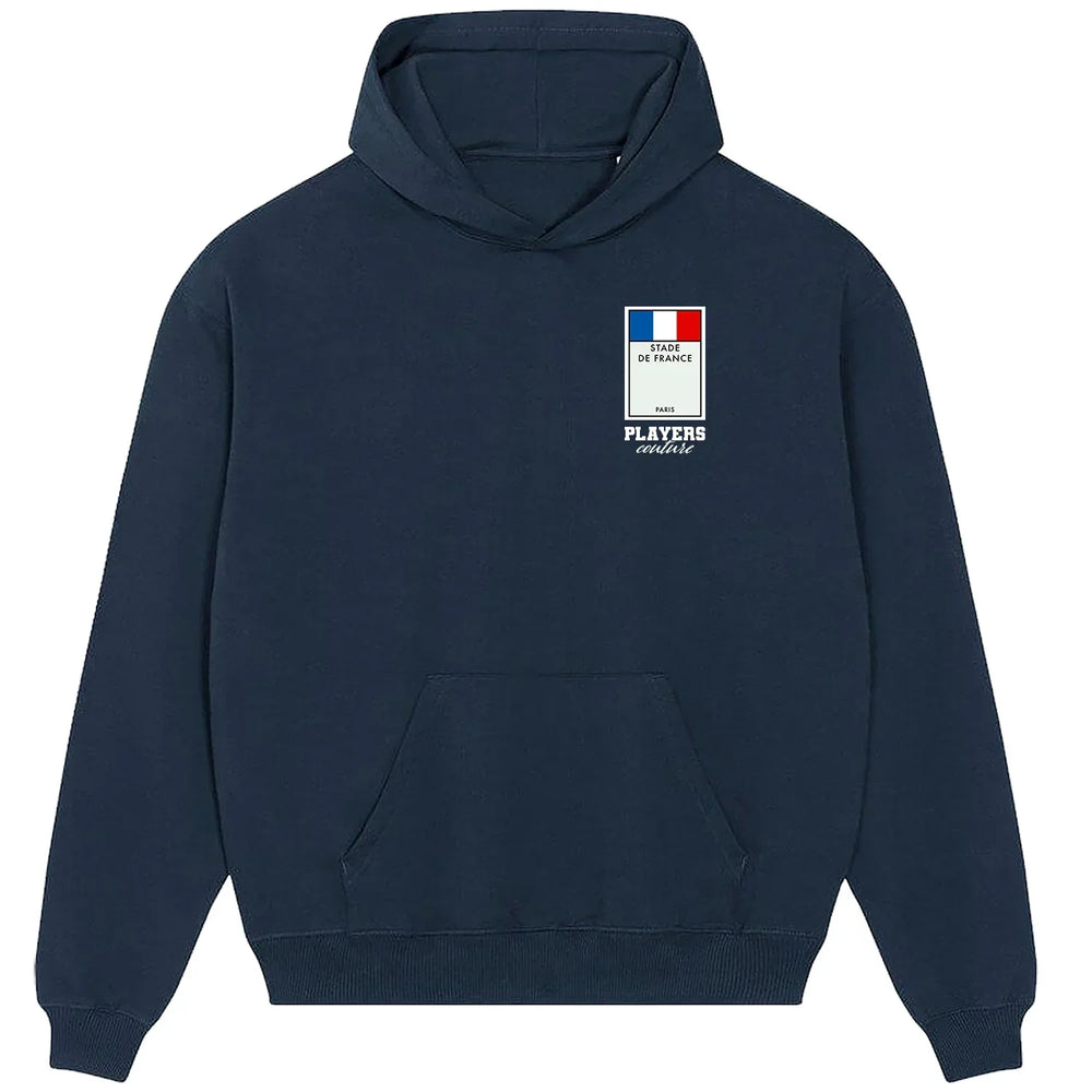 France Monopoly Card hoodie – red men's hoodie with white France Monopoly Card letters and Players Couture logo on the chest