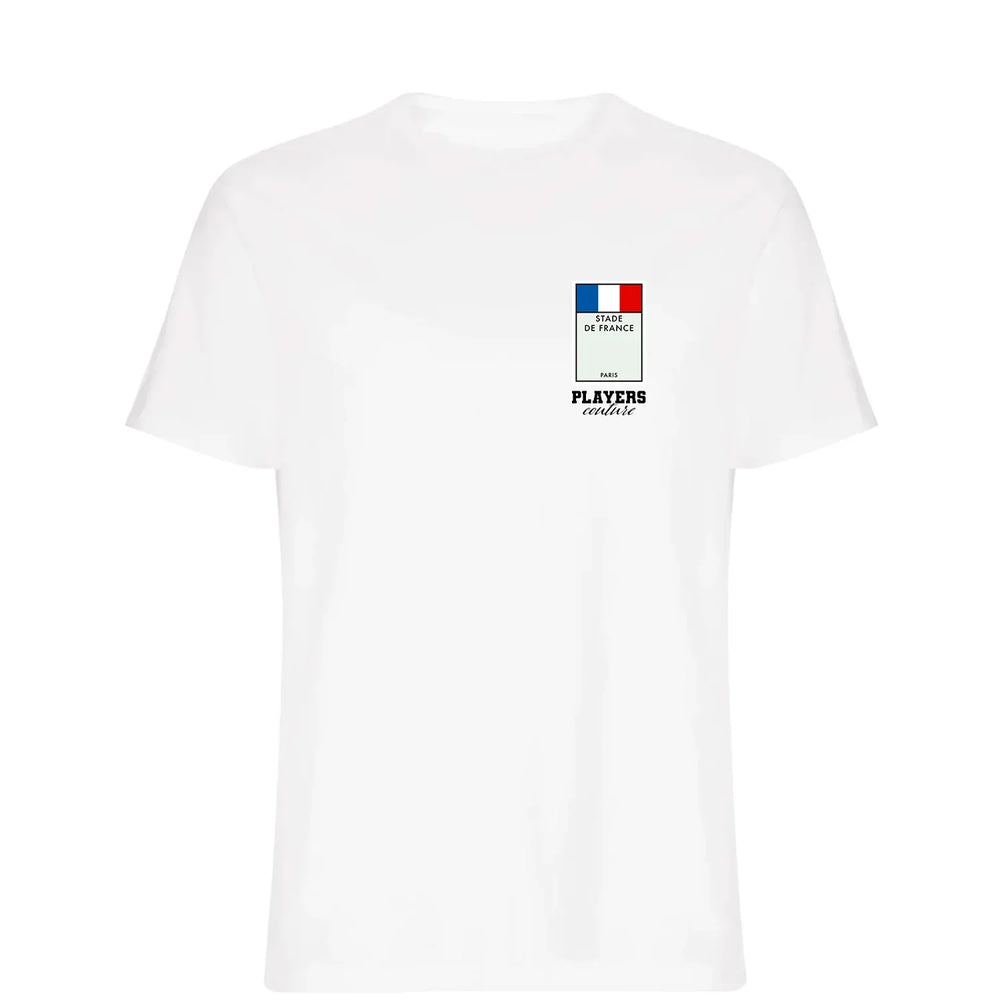 France Monopoly Card t-shirt – navy men's t-shirt with white France Monopoly Card letters and Players Couture logo on the
