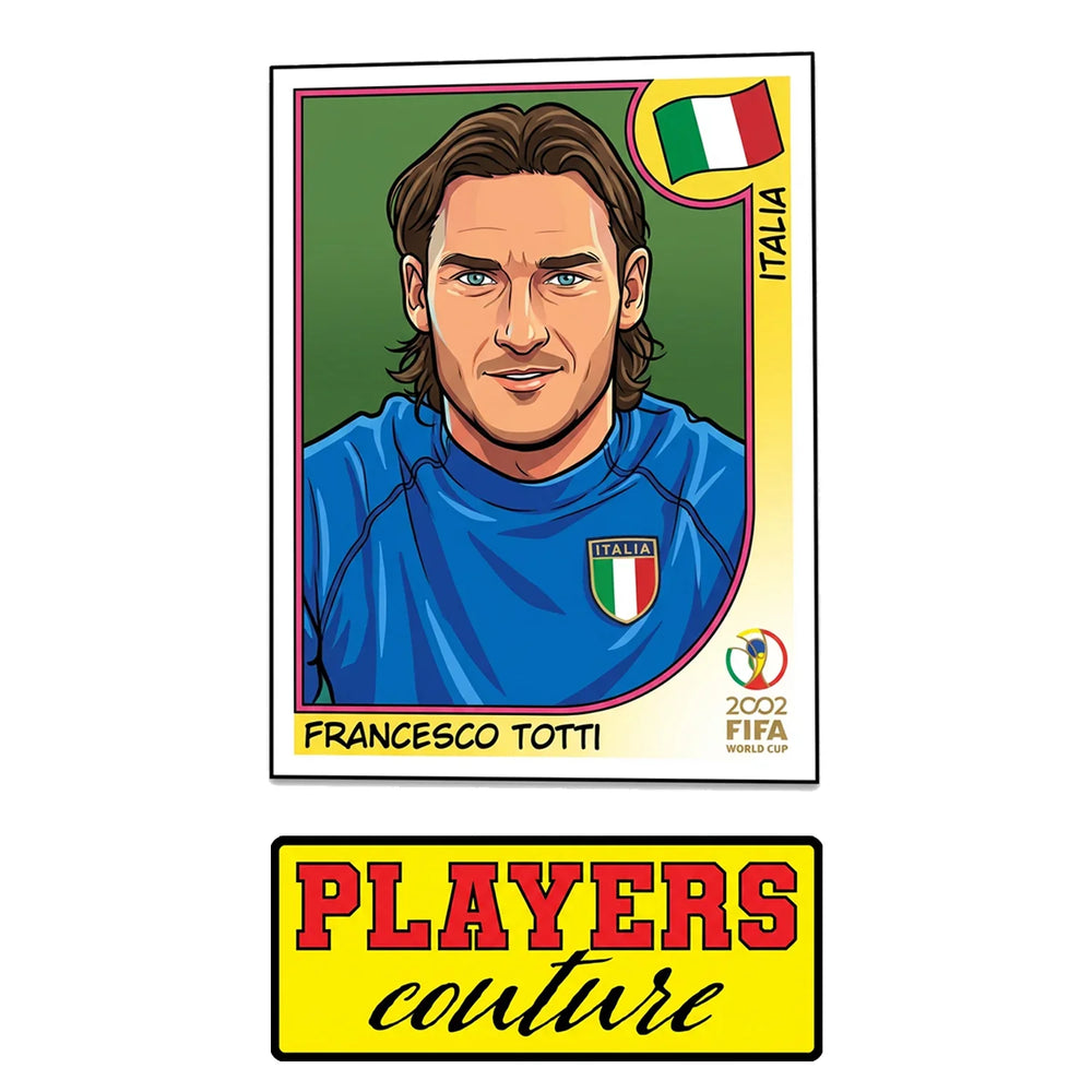 Francesco Totti World Cup Sticker Men's T-Shirt – close-up detail shot of the Francesco Totti World Cup Players Couture logo