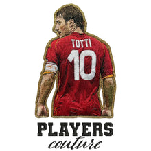 Francesco Totti Badge Men's T-Shirt – white close-up detail shot of the Francesco Totti Players Couture logo design