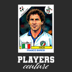 Franco Baresi World Cup Sticker Men's T-Shirt – black close-up detail shot of the Franco Baresi World Cup Players Couture