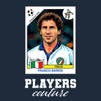 Franco Baresi World Cup Sticker Men's T-Shirt – navy close-up detail shot of the Franco Baresi World Cup Players Couture