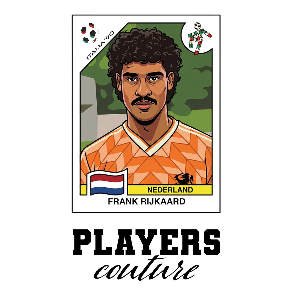 Frank Rijkaard World Cup Sticker Men's T-Shirt – white close-up detail shot of the Frank Rijkaard Players Couture logo design