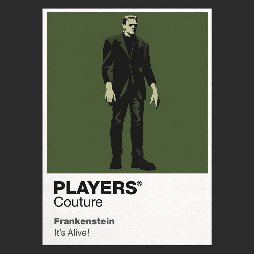Frankenstein the Creature's squared silhouette beneath laboratory electricity and Gothic stone Icon Frame artwork in black
