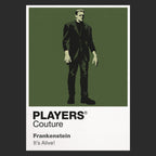 Frankenstein the Creature's squared silhouette beneath laboratory electricity and Gothic stone Icon Frame artwork in black