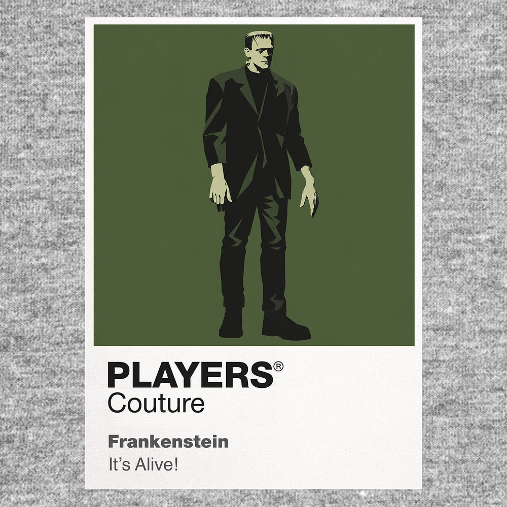 Frankenstein the Creature's squared silhouette beneath laboratory electricity and Gothic stone Icon Frame artwork in grey