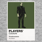 Frankenstein the Creature's squared silhouette beneath laboratory electricity and Gothic stone Icon Frame artwork in grey