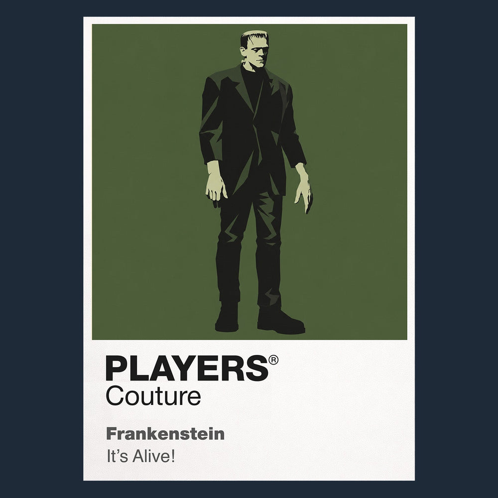 Frankenstein the Creature's squared silhouette beneath laboratory electricity and Gothic stone Icon Frame artwork in navy