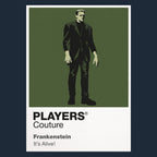Frankenstein the Creature's squared silhouette beneath laboratory electricity and Gothic stone Icon Frame artwork in navy