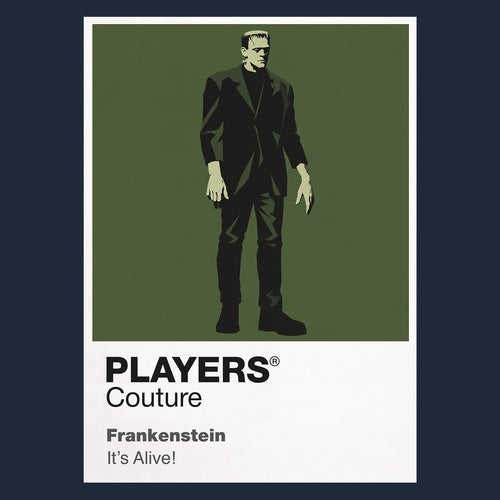 Frankenstein the Creature's squared silhouette beneath laboratory electricity and Gothic stone Icon Frame artwork in navy