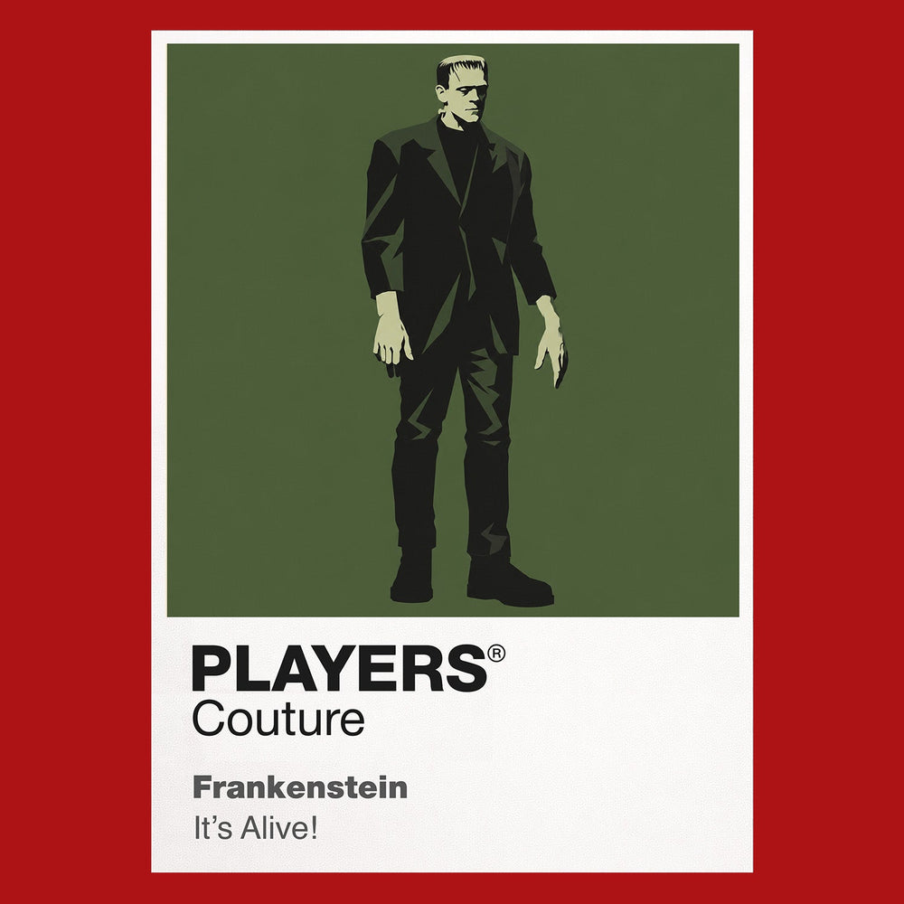 Frankenstein the Creature's squared silhouette beneath laboratory electricity and Gothic stone Icon Frame artwork in red