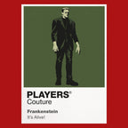 Frankenstein the Creature's squared silhouette beneath laboratory electricity and Gothic stone Icon Frame artwork in red