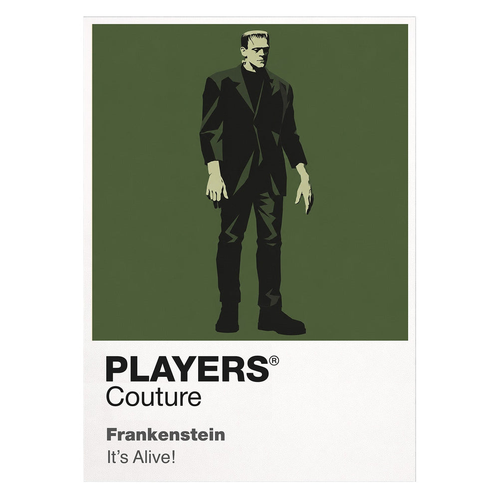 Frankenstein the Creature's squared silhouette beneath laboratory electricity and Gothic stone Icon Frame artwork on white