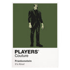 Frankenstein the Creature's squared silhouette beneath laboratory electricity and Gothic stone Icon Frame artwork on white