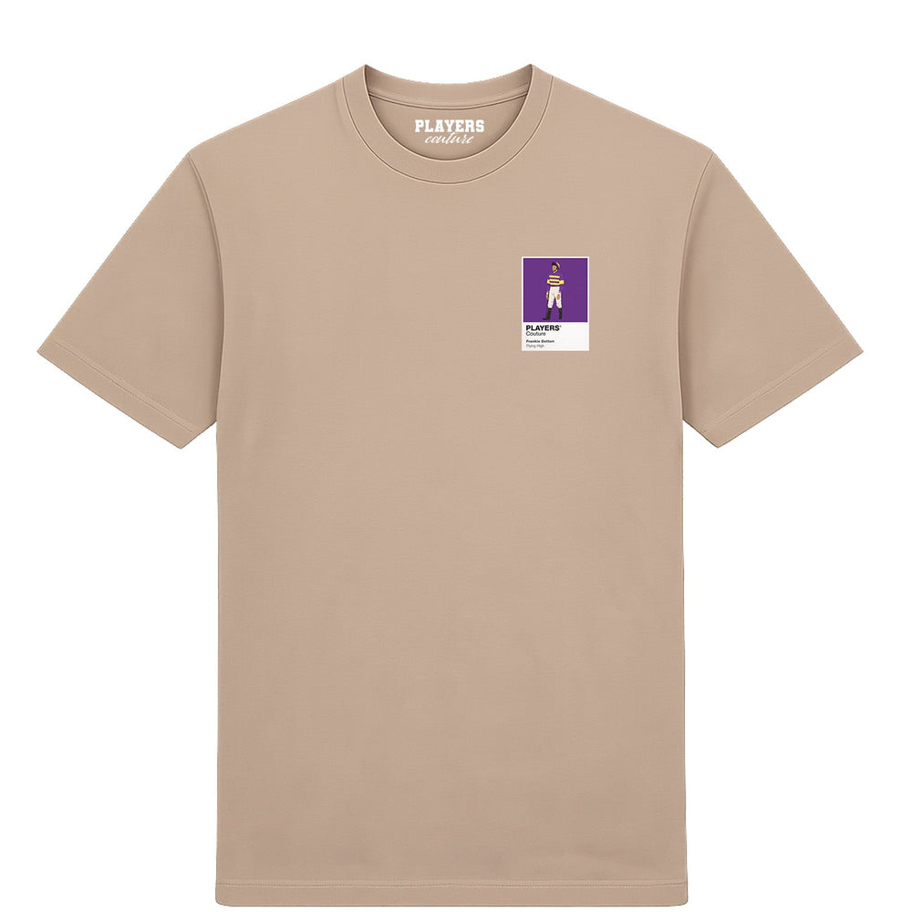 Frankie Dettori horse racing T-shirt – mens desert sand tshirt view