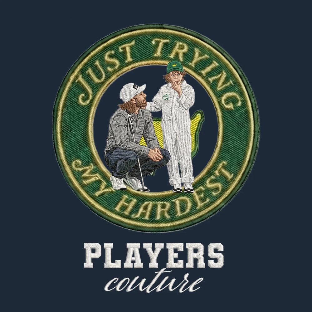 Frankie Fleetwood Just Trying My Hardest Badge Men's Hoodie – white close-up detail shot of the Tommy Fleetwood Players