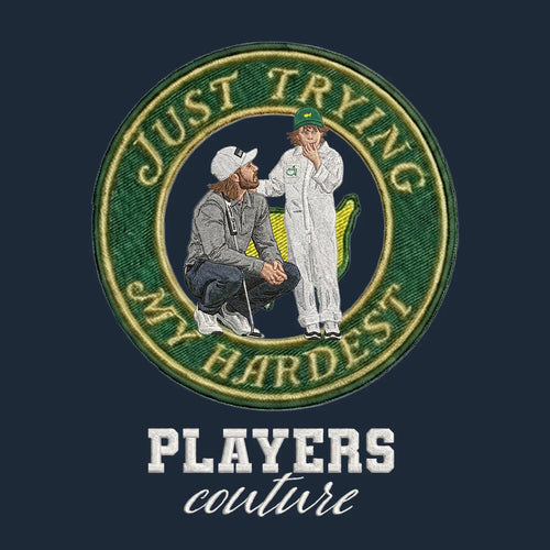 Frankie Fleetwood Just Trying My Hardest Badge Men's Hoodie – white close-up detail shot of the Tommy Fleetwood Players