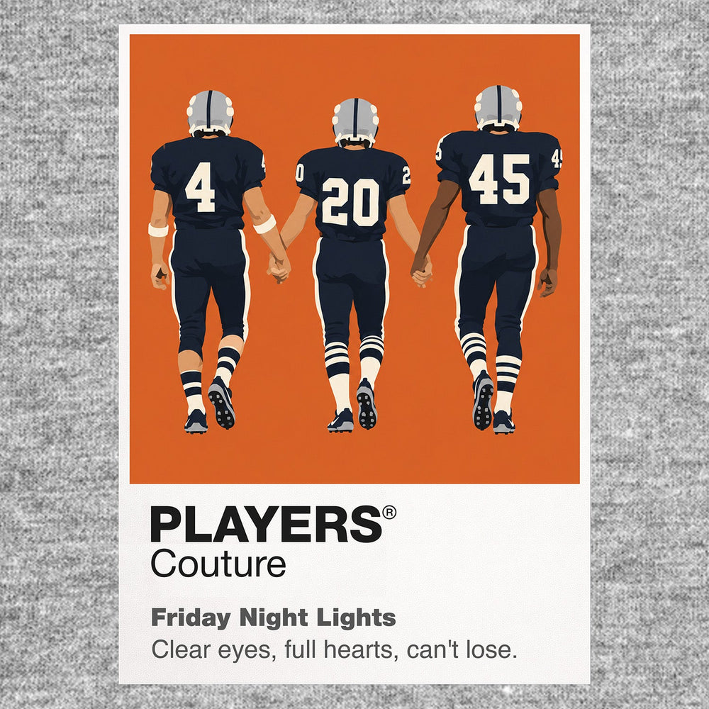 Friday Night Lights Coach Taylor and the Dillon Panthers beneath Texas stadium lights Icon Frame artwork in grey