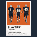 Friday Night Lights Coach Taylor and the Dillon Panthers beneath Texas stadium lights Icon Frame artwork in navy
