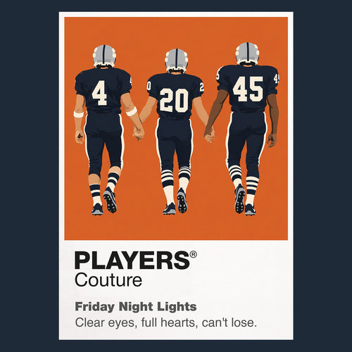 Friday Night Lights Coach Taylor and the Dillon Panthers beneath Texas stadium lights Icon Frame artwork in navy