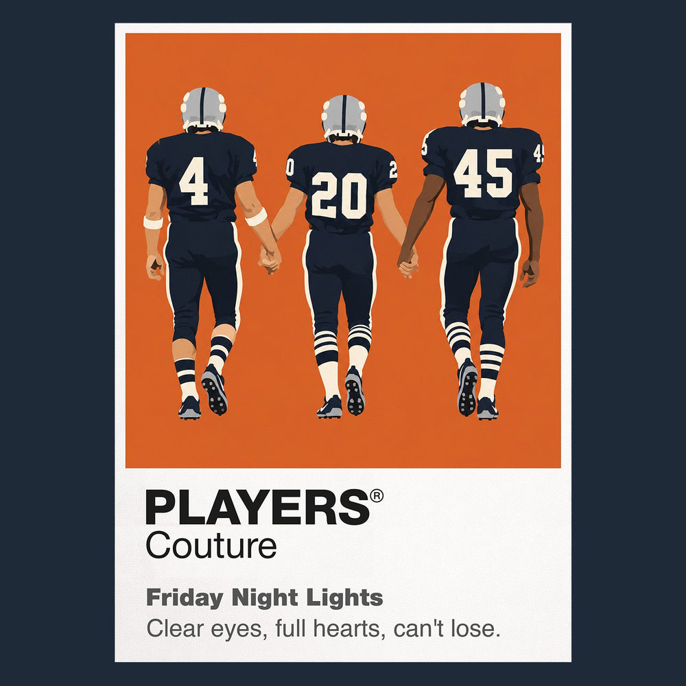 Friday Night Lights Coach Taylor and the Dillon Panthers beneath Texas stadium lights Icon Frame artwork in navy