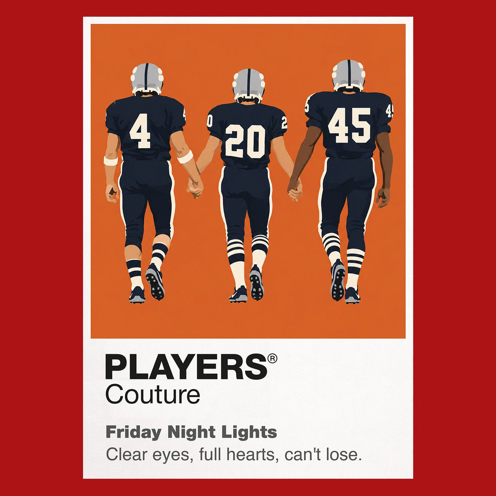 Friday Night Lights Coach Taylor and the Dillon Panthers beneath Texas stadium lights Icon Frame artwork in red
