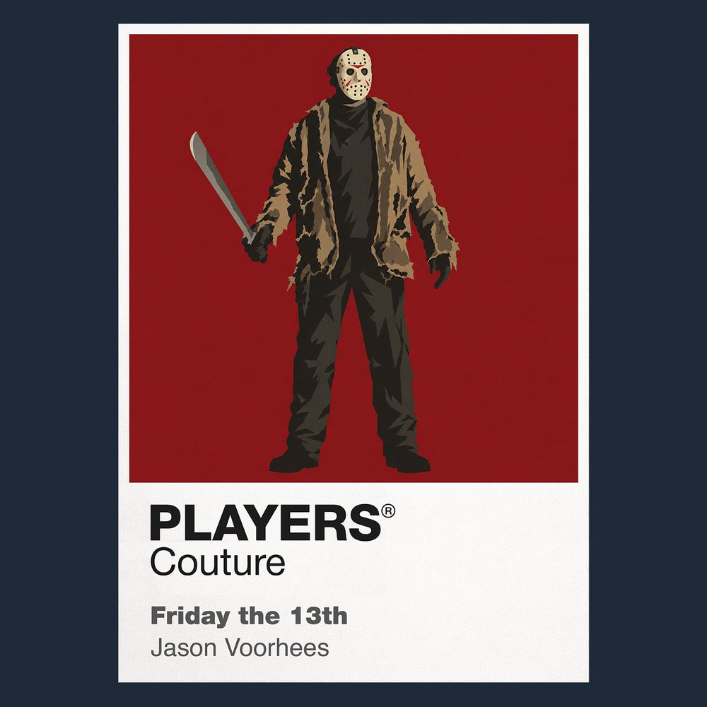 Friday the 13th Jason Voorhees' hockey mask and machete against the dark woodland of Camp Crystal Lake Icon Frame artwork in navy