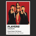 From Dusk Till Dawn Seth and Richie Gecko entering the neon-lit Titty Twister before the crime film becomes vampire horror Icon Frame artwork in black