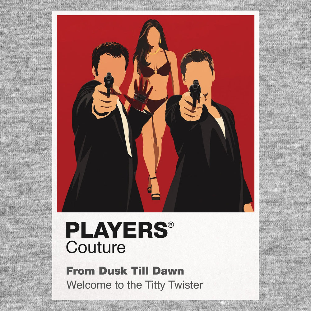 From Dusk Till Dawn Seth and Richie Gecko entering the neon-lit Titty Twister before the crime film becomes vampire horror Icon Frame artwork in grey