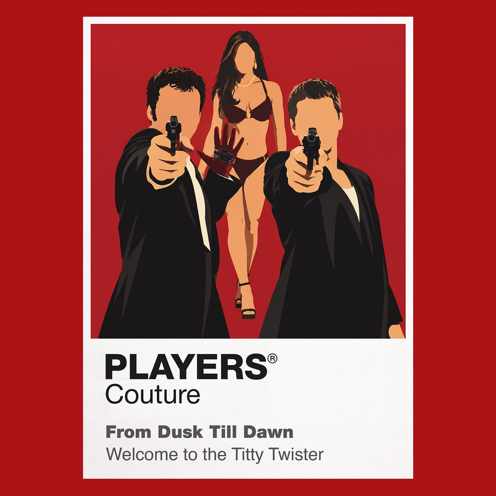 From Dusk Till Dawn Seth and Richie Gecko entering the neon-lit Titty Twister before the crime film becomes vampire horror Icon Frame artwork in red