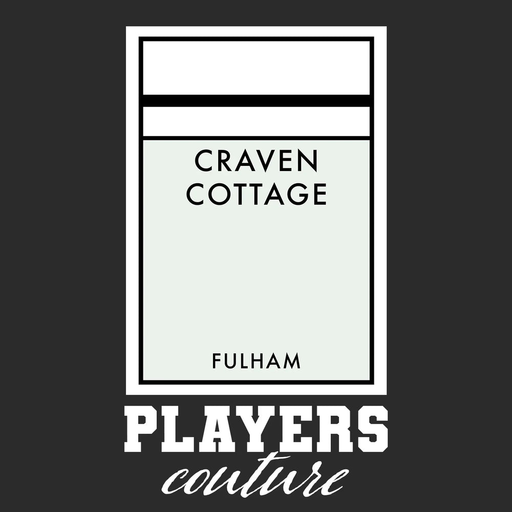 Fulham Monopoly Card t-shirt – close-up of white Fulham Monopoly Card lettering and Players Couture logo on the chest