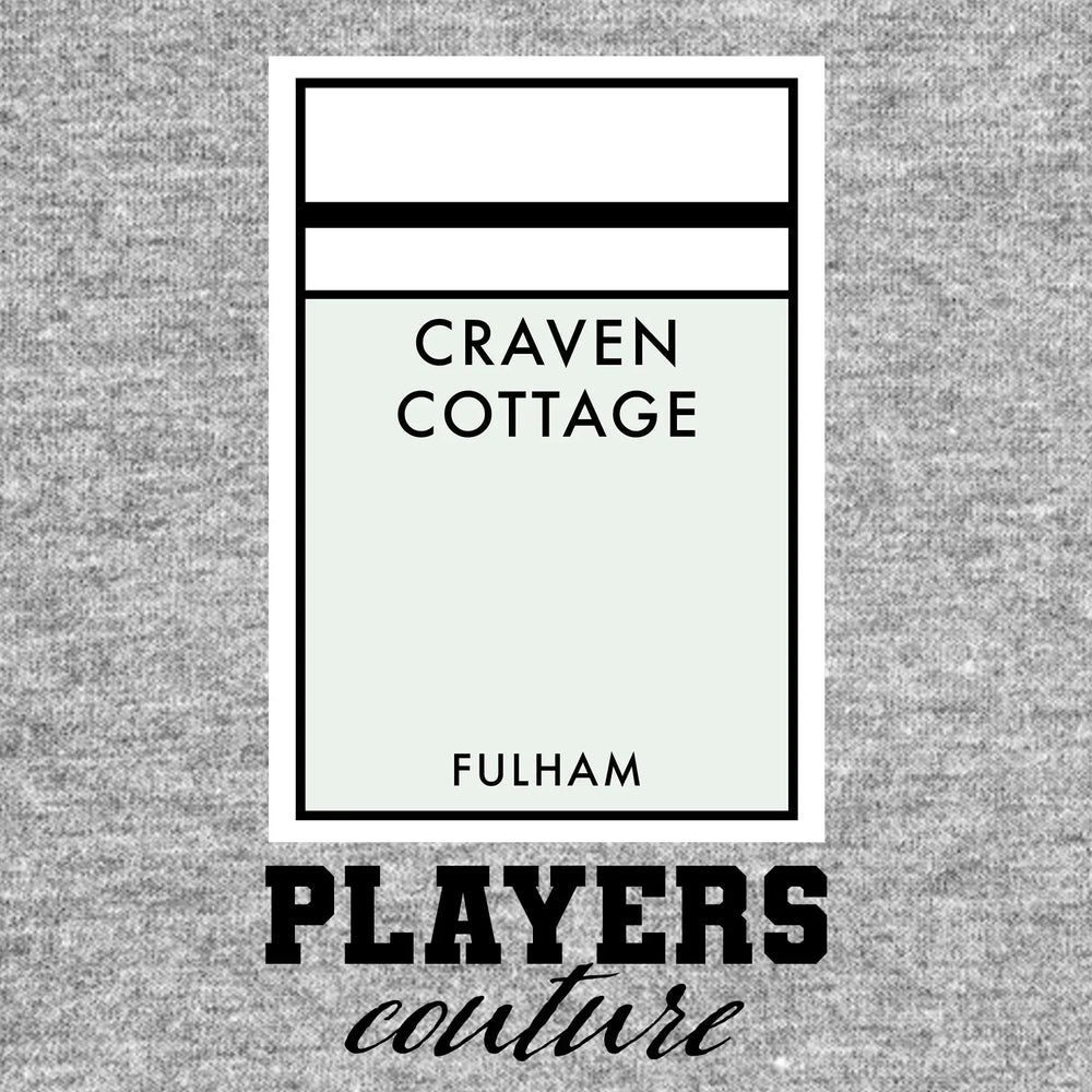 Fulham Monopoly Card t-shirt – grey men's t-shirt with black Fulham Monopoly Card letters and Players Couture logo on the
