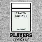Fulham Monopoly Card t-shirt – grey men's t-shirt with black Fulham Monopoly Card letters and Players Couture logo on the