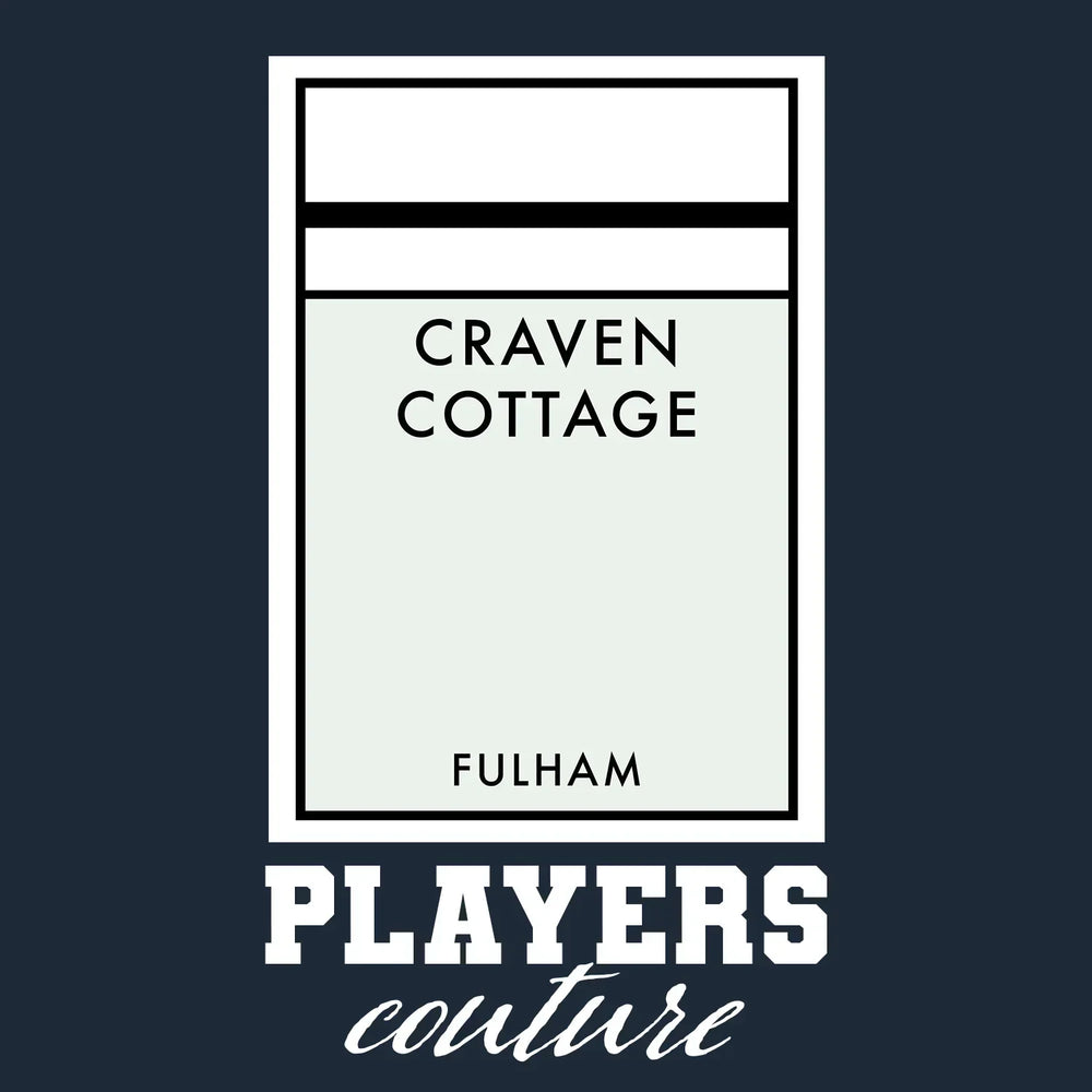 Fulham Monopoly Card t-shirt – close-up of white Fulham Monopoly Card lettering and Players Couture logo on the chest